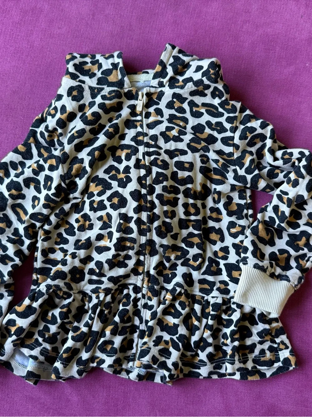 Posh Peanut Lana Leopard Tan French Terry Ruffled Zipper sweater